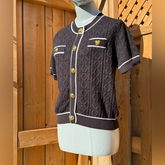 🆕 KARL LAGERFELD 🧿 NWT Black Classic Jacquard Knit Short Sleeve Sweater SzL - Picture 3 of 16